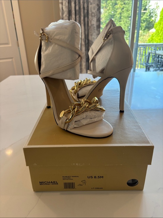 Michael Kors Shoes - Michael Kors Cream Stiletto Sandal with Gold Chain Accent